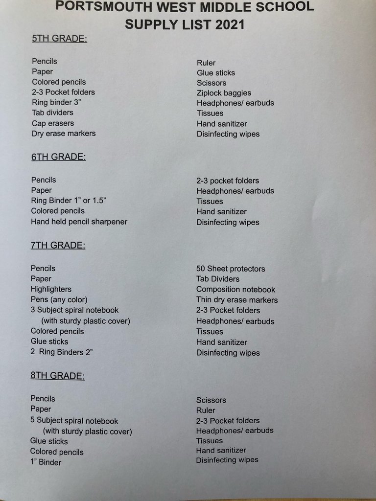 PWMS Dress Code and Supply List