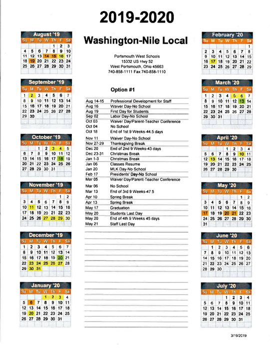 2019-2020 PWHS calendar